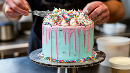 Baker s hands are frosting a blue and pink birthday cake with sprinkles in a kitchen.の素材