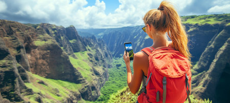 Young Woman Hiker Taking Pictures Of A Scenic Landscape With Mobile Phone, Summer Travel Inspirationの素材