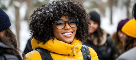 Joyful Winter Adventures A Woman s Radiant Smile Brightens a Snowy Day Out with Friendsの素材