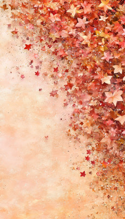 Autumn Leaves Border Watercolor Backdrop with Falling Red and Orange Foliage on Peach Backgroundの素材