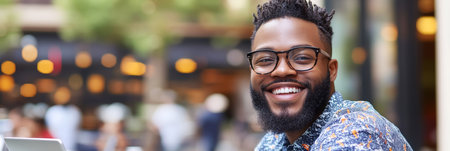 Portrait Of A Smiling Young Black Man Wearing Glasses With A Blurred Background Outdoorsの素材