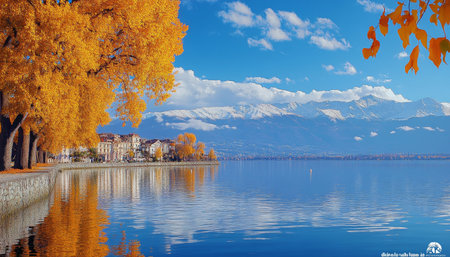 Golden Autumn Serenity Tranquil Lake Scenery with Majestic Mountains and Colorful Reflectionsの素材