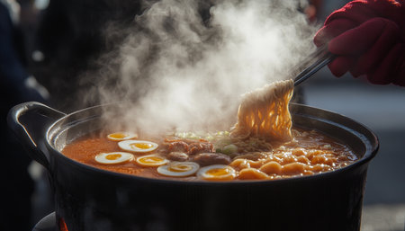 Steaming Bowl of Ramen Noodles with Chopsticks, Perfect for Food Photography and Culinary Articlesの素材