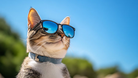 Cool Cat in Aviators Closeup of Tabby Sporting Mirrored Sunglasses, Reflecting Vibrant Summer Skyの素材