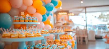 Celebrate in Style Vibrant Dessert Table with Colorful Balloons Sets a Festive Mood for a Partyの素材