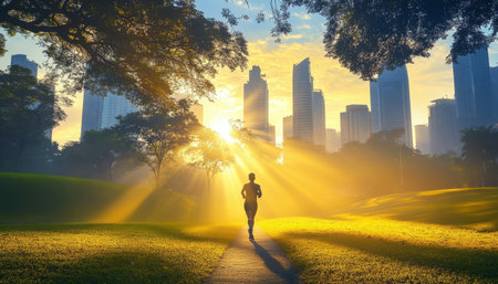 Golden Hour Run A Lone Runner Enjoys a Peaceful Moment in the City Park as the Sun Rises.の素材
