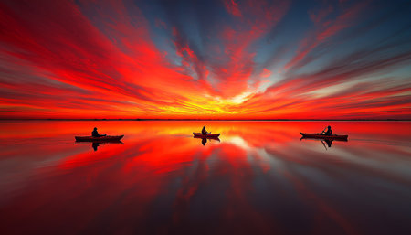 Fiery Sunset Kayaking Silhouettes of Kayakers at Sunset with Vibrant Sky Reflectionsの素材