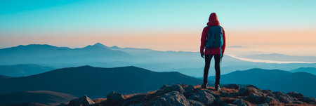 Lone Hiker Achieves Mountain Summit, Embracing Majestic Sunrise Views Above the Cloudsの素材