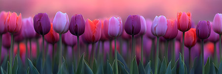 Field Of Blooming Tulips At Sunset Vibrant Spring Scenery With Beautiful Flowers And Soft Lightの素材