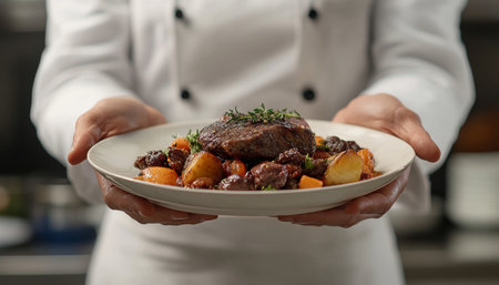 Chef Presents Exquisite Gourmet Beef Dish with Roasted Vegetables, Fine Dining Presentationの素材