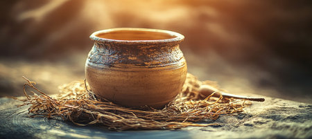 Rustic Clay Pot Bathed in Golden Sunset ,Tranquil Scene of Traditional Pottery Craftsmanshipの素材