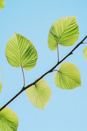 New Life On A Spring Day Young, Vibrant Green Leaves Unfurl on Branch Against a Clear Blue Skyの素材