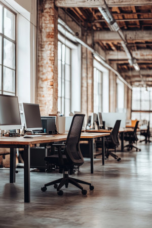 Modern, Open Plan Office Space with Natural Light and Exposed Brick, Industrial Design Elementsの素材