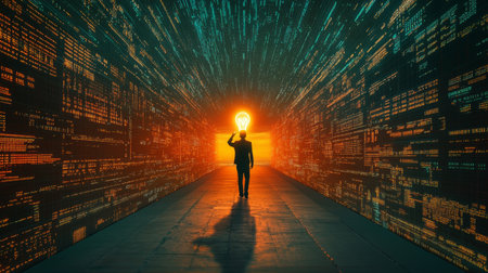 Businessman With Bright Idea Navigates Digital Data Stream, Concept for Innovation and Technologyの素材