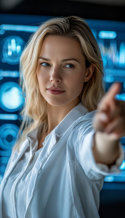 Businesswoman Analyzing Financial Charts on Digital Interface Data-Driven Decisions.の素材