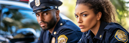 Serious African American Police Officers In Uniform On Duty, Law Enforcement Professionalsの素材