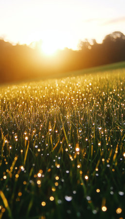 Golden Hour Dewdrops A Close Up of Grass Texture with Shimmering Bokeh and Warm Lightの素材