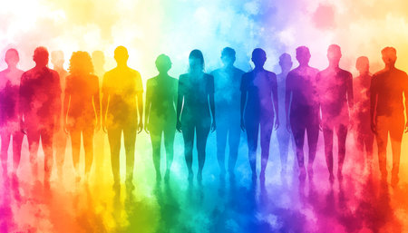 Silhouettes of Diverse People in Rainbow Colors, Symbolizing Unity, Harmony, and Diversity.の素材