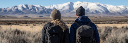 Couple Hiking with Backpacks and Scenic Mountain Views, Adventure Travel and Outdoor Lifestyleの素材