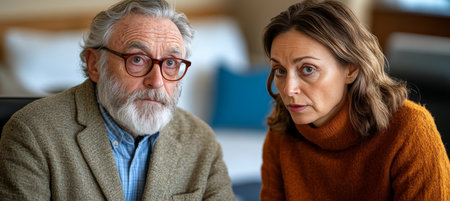 Concerned Senior Man Listens to a Serious Diagnosis from a Female Doctor, Healthcare Support Conceptの素材