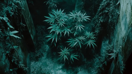 Dark Green Marijuana Leaves Background, Cannabis Cultivation Indoors, Top View Of Weed Plantsの素材
