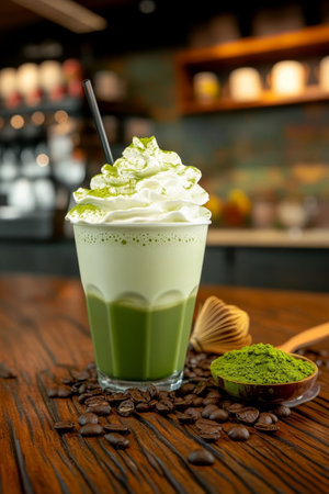 Refreshing Iced Matcha Latte with Whipped Cream and Coffee Beans on Rustic Wooden Tableの素材