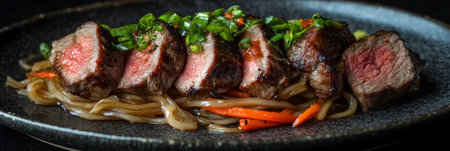 Seared Steak Strips with Glass Noodles and Vegetables on a Dark Plate A Culinary Delightの素材