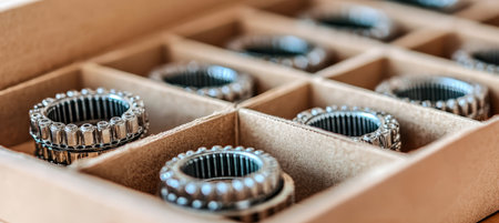 Precision Engineering A Close-Up of Radial Ball Bearings Neatly Arranged in a Cardboard Boxの素材