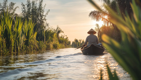 Lone Boatman Navigates Serene Tropical Waterway at Golden Hour, Vietnamese Countrysideの素材