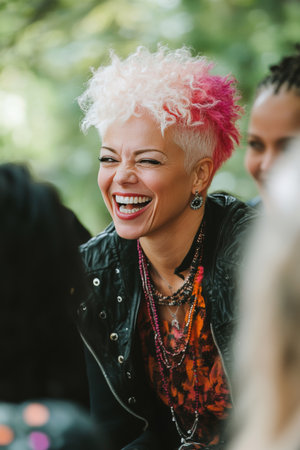 Portrait, A Stylish Woman With Pink And White Hair Smiling, Sharing Joyful Moment. With Friends.の素材