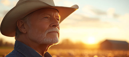 Golden Hour Hope Portrait of a Senior Farmer in a Cowboy Hat Gazing Towards the Sunsetの素材