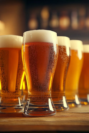 Row of Fresh, Cold Draft Beer Glasses Lined Up on a Bar Counter with a Blurred Backgroundの素材