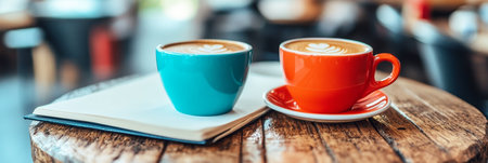 Coffee Break for Creativity Two Coffee Cups and Open Sketchbook Inspire on Rustic Artists Table.の素材