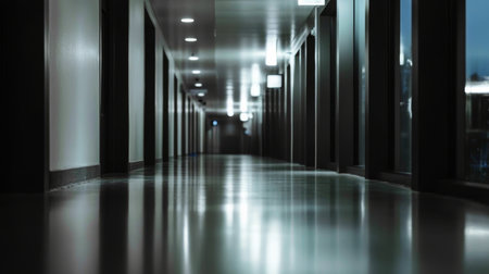 Empty Institutional Hallway Receding Into Distance With Reflections on Floor from Artificial Light,の素材