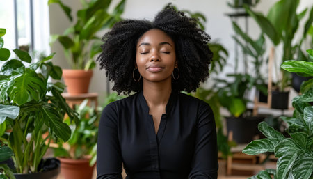 Serene Woman Finds Peace Through Mindfulness Meditation in Indoor Oasis of Lush Green Plantsの素材