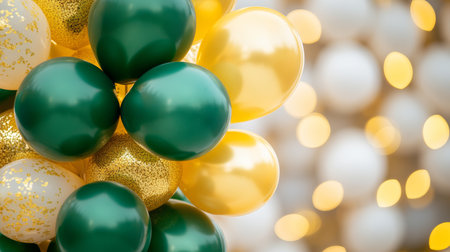 Green and Gold Balloons On Golden Bokeh Background, Festive Celebration Concept, Holiday Decorationの素材