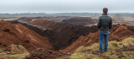 Man in natural reserve observing open surface mine area ecological impact on winter, overcast sky.の素材