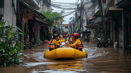 Rescue Workers In Inflatable Boat Navigating Flooded Street, Providing Disaster Reliefの素材