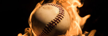 Burning Passion A Close-up on a Vintage Baseball Engulfed in Flames, Stitching Intactの素材
