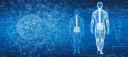 Human Digestive System, 3D Illustration of Anatomy Projected on Futuristic Medical Background.の素材