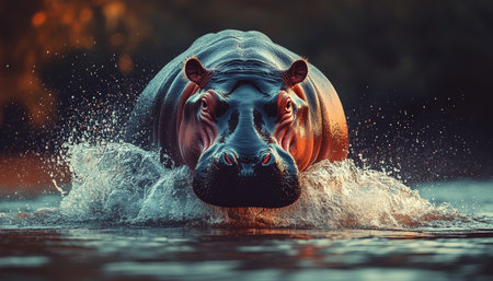 Hippopotamus, Hippopotamus Amphibius, Charging, Emerging, Water, Splashing, Wildlife, Africaの素材