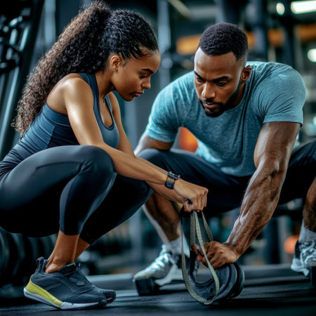 Fitness Focus Woman Receiving Personal Training Guidance With Exercise Band In A Modern Gymの素材