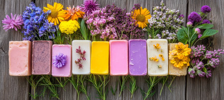 Colorful Handmade Soap Bars with Blooming Flowers on Rustic Wood, Spa and Aromatherapy Conceptの素材