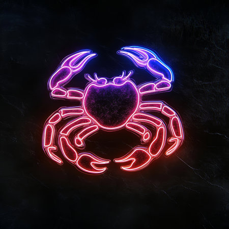 Neon Sign of Cancer Zodiac Symbol, Astrology, Horoscope, Glowing, Blue and Pink, Isolatedの素材