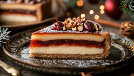 Slice of Festive Cranberry Cake with Nuts and Berries A Delicious Holiday Treat on a Table Settingの素材