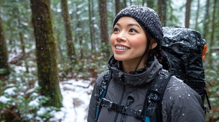 Winter Wonderland Adventure Young Woman with Backpack Smiles, Embracing the Snowy Trail.の素材