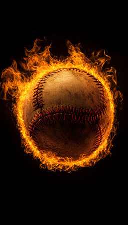 Fiery Fastball Extreme Close-Up Of Baseball Engulfed In Intense Flames On Black Backgroundの素材