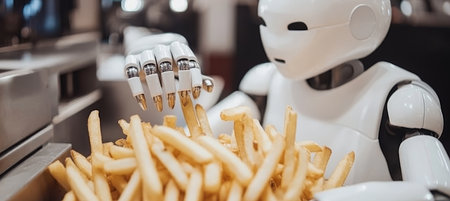 A Sleek White Robot Chef Carefully Preparing a Batch of Perfectly Golden French Friesの素材