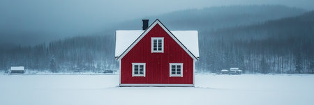 Picturesque Red Wooden Cabin Covered in Snow on a Serene Winter Landscape in Northern Europe.の素材