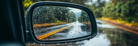 Car Mirror, Drops of Water, Trees, Forest, Autumn, Reflection, Raindrops, Window, Rain, Driving,の素材